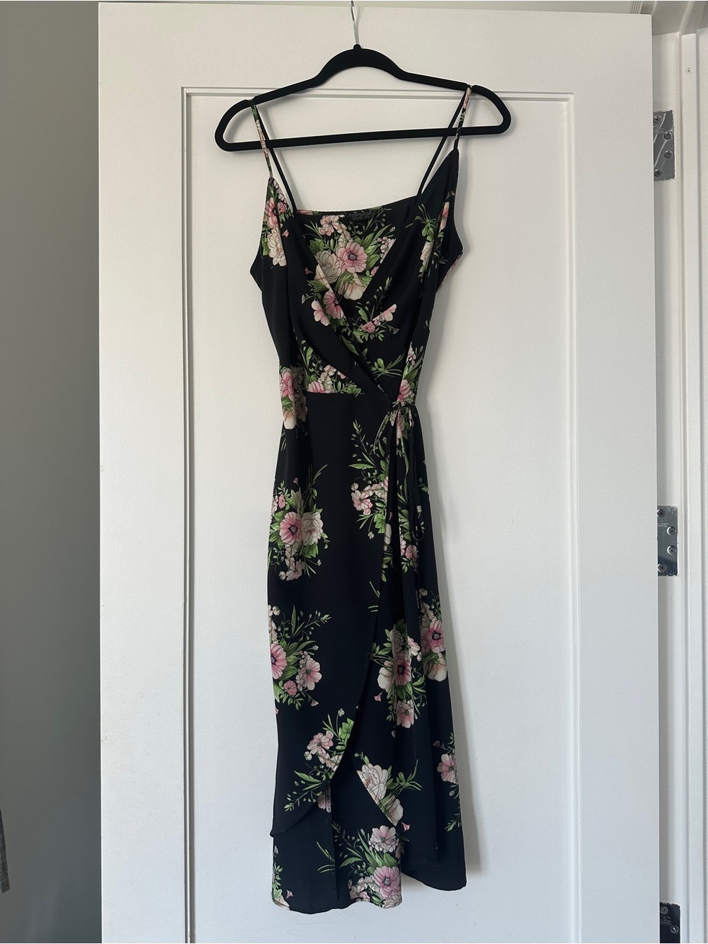 Topshop Black Floral Wrap Midi Dress with Pink Flowers